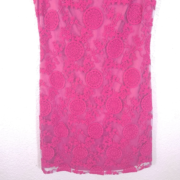 ADRIANNA PAPELL Eyelet Boho Overlay Fuchsia Dress - Picture 6 of 13
